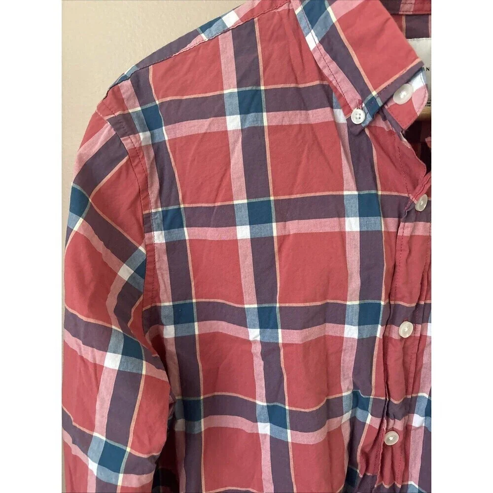 American Eagle Men’s M Red Blue Plaid Button-Down Dress Shirt Casual